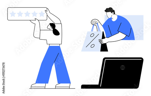 Person raising five-star rating, another holding shopping bags with discount sign, and a laptop. Ideal for e-commerce, online shopping, customer reviews, digital marketing, retail business, sales
