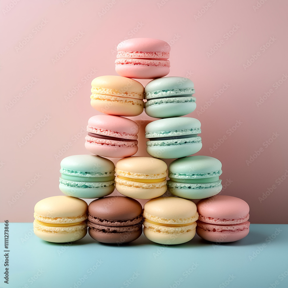 Obraz premium Pastel colored macarons arranged like a pyramid on a minimalis background