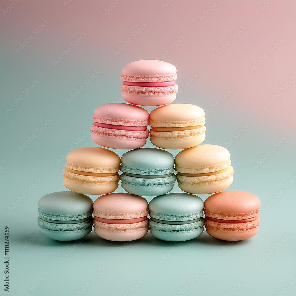 Obraz premium Pastel colored macarons arranged like a pyramid on a minimalis background