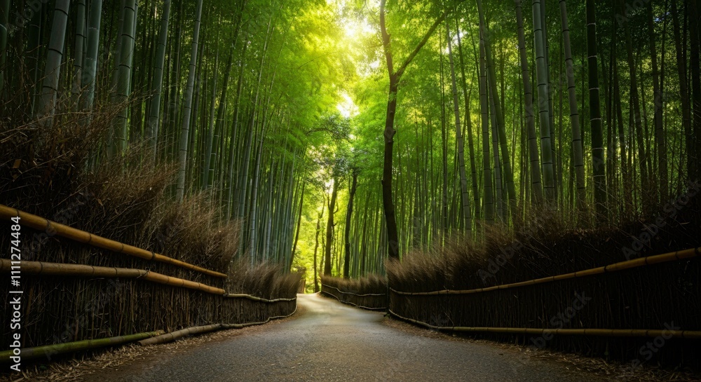 Fototapeta premium A serene path in a bamboo forest with sunlight filtering through