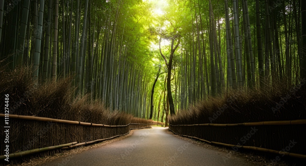 Fototapeta premium A serene path in a bamboo forest with sunlight filtering through
