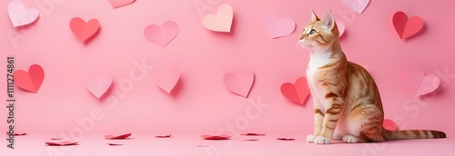 A lovely and adorable orange cat gracefully poses against a vibrant backdrop filled with colorful hearts photo