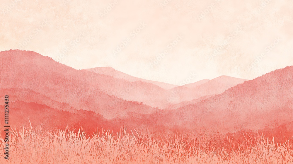 Fototapeta premium A panoramic view of a mountain range with a soft, hazy sky in a warm coral hue.