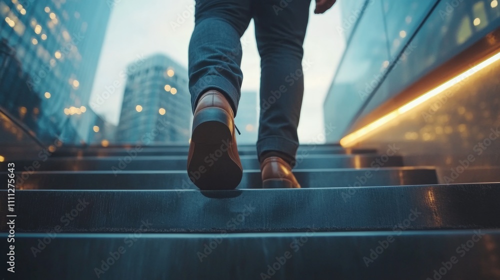 Fototapeta premium Man walking up city stairs at sunset.