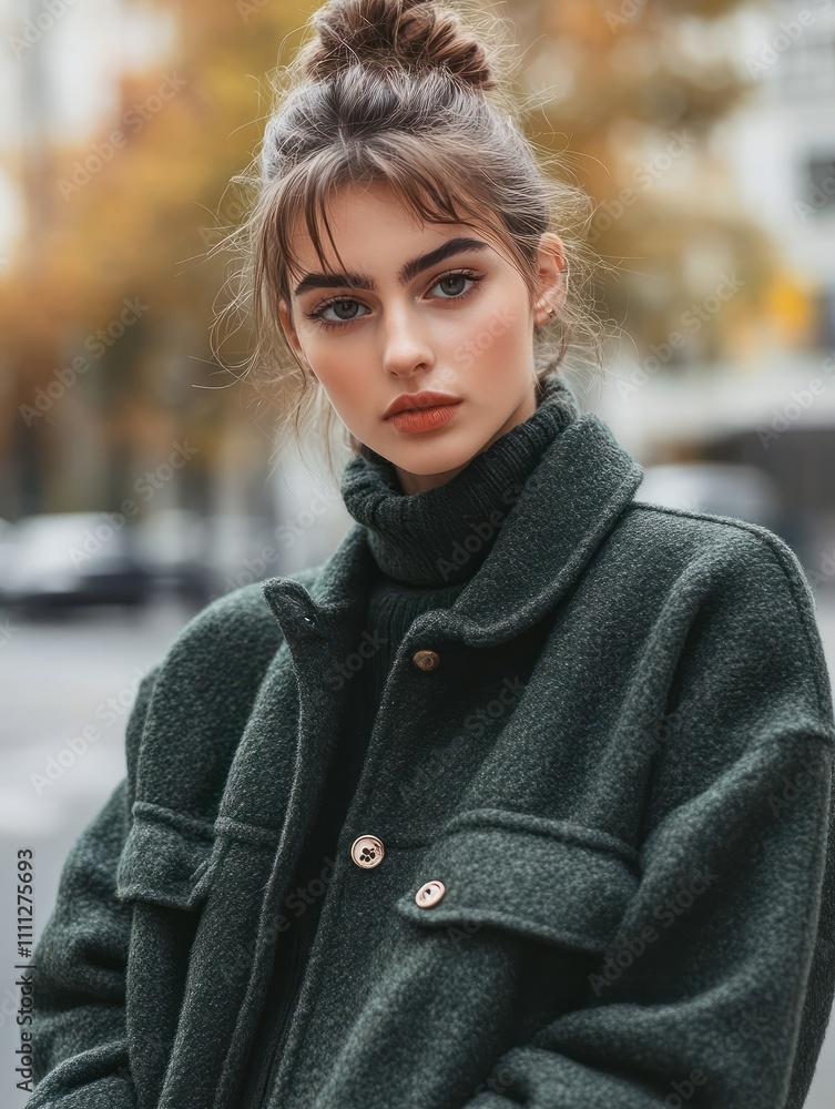 Horizontal shot of good looking woman dressed in fashionable dark green jacket has bun hairstyle looks self confident at camera poses outdoors in city against blurred background. Lifestyle concept Horizontal shot of good looking woman dressed in fashionable dark green jacket has bun hairstyle looks self confident at camera poses outdoors in city against blurred background. Lifestyle concept