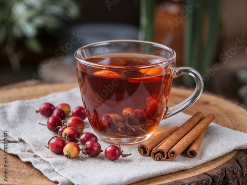 Rosehip tea in a glass cup with dried rosehips and cinnamon sticks arranged on linen cloth