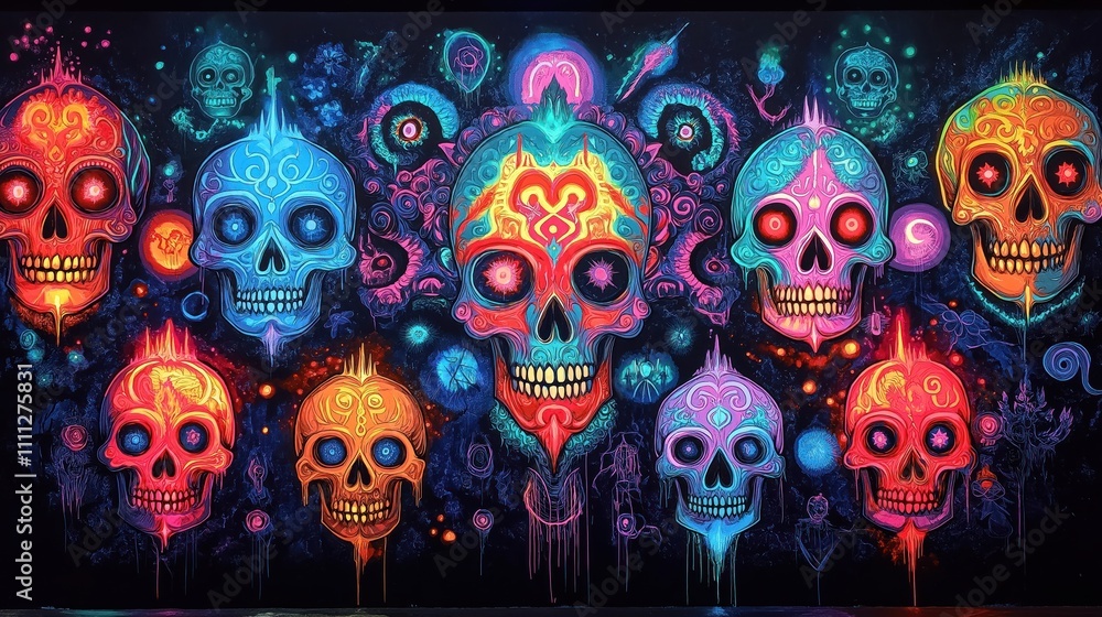 Neon glowing colorful skull patterns create vibrant mural on dark wall. Symmetrical design with vivid colors. Intricate details, glowing effects. Street art style. Mural in Tucson. Eye-catching, Neon glowing colorful skull patterns create vibrant mural on dark wall. Symmetrical design with vivid colors. Intricate details, glowing effects. Street art style. Mural in Tucson. Eye-catching,