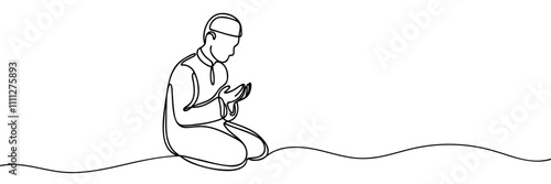 Continuous one line drawing a muslim man praying to god . Hajj and umrah concept. Single line draw design vector graphic illustration.