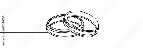 Wedding rings in a minimalist one line drawing, symbolizing love, marriage, and commitment. Simplified and elegant design.