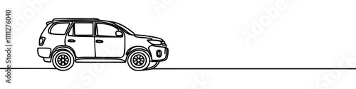 One line drawing of tough big suv car. Family comfortable and safe vehicle transportation concept. Single continuous line draw design