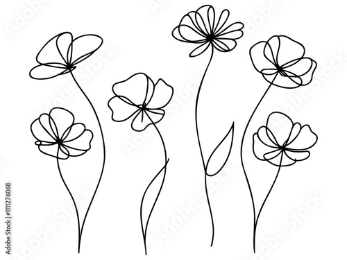 Continuous one line drawing of minimalist wild flowers poppy flower Poppies flower single outline vector illustration.