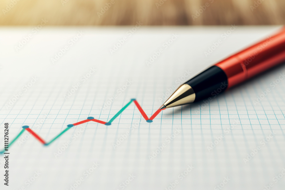 Pen write paper chart concept. Analysis of a pen on graph paper illustrating an upward trend. Pen write paper chart concept. Analysis of a pen on graph paper illustrating an upward trend.