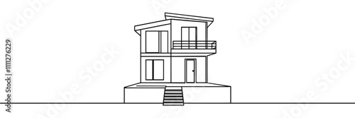 Continuous one line drawing of modern house architecture. Flat roof house or commercial building in single line vector illustration.