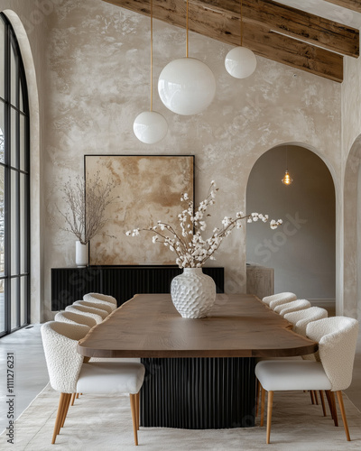 an editorial photograph of a bright grand dining room with a tall ceiling.