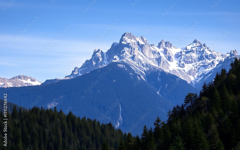 Obraz premium Majestic snow-capped mountain peak rising above dense forest, concept for travel brochure, landscape photography and outdoor adventure promotion