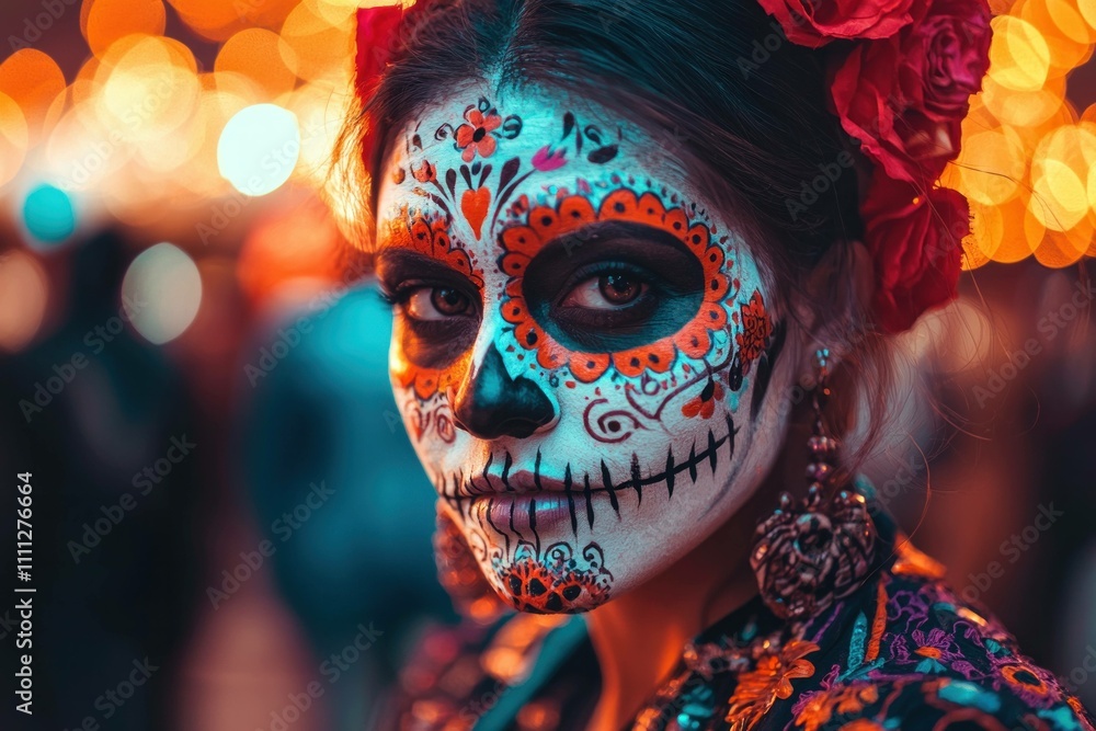 Beautiful woman with ornate Day of the Dead face paint, adorned with flowers and earrings, capturing a festive and cultural atmosphere at a vibrant celebration. Beautiful woman with ornate Day of the Dead face paint, adorned with flowers and earrings, capturing a festive and cultural atmosphere at a vibrant celebration.