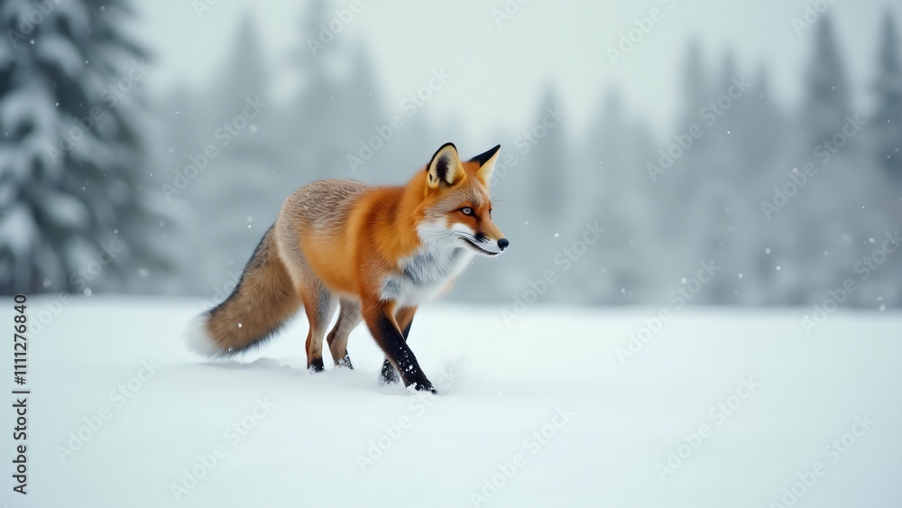 A fox walking through the snow, with its bright orange fur contrasting the winter landscape. A fox walking through the snow, with its bright orange fur contrasting the winter landscape.
