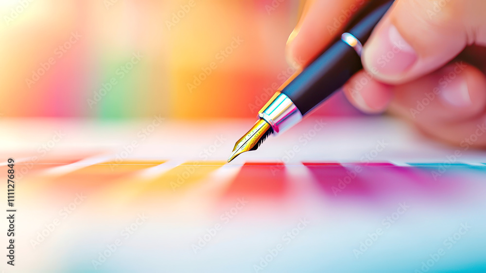 Pen write paper chart concept. A hand holds a pen over a colorful palette of paint swatches. Pen write paper chart concept. A hand holds a pen over a colorful palette of paint swatches.
