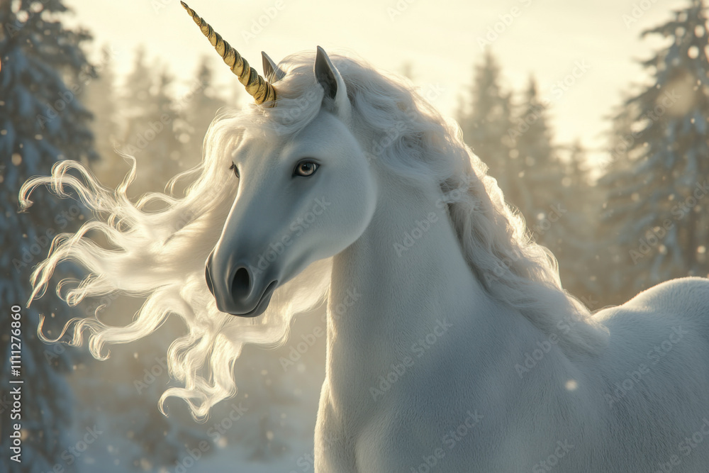 Fototapeta premium Beautiful white unicorn with flowing on a wind mane. Snowy forest on background with morning fog.