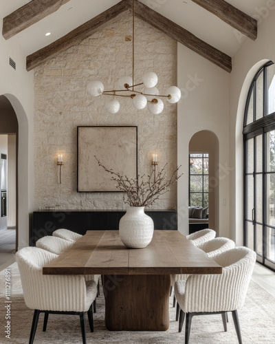 an editorial photograph of a bright grand dining room with a tall ceiling.
