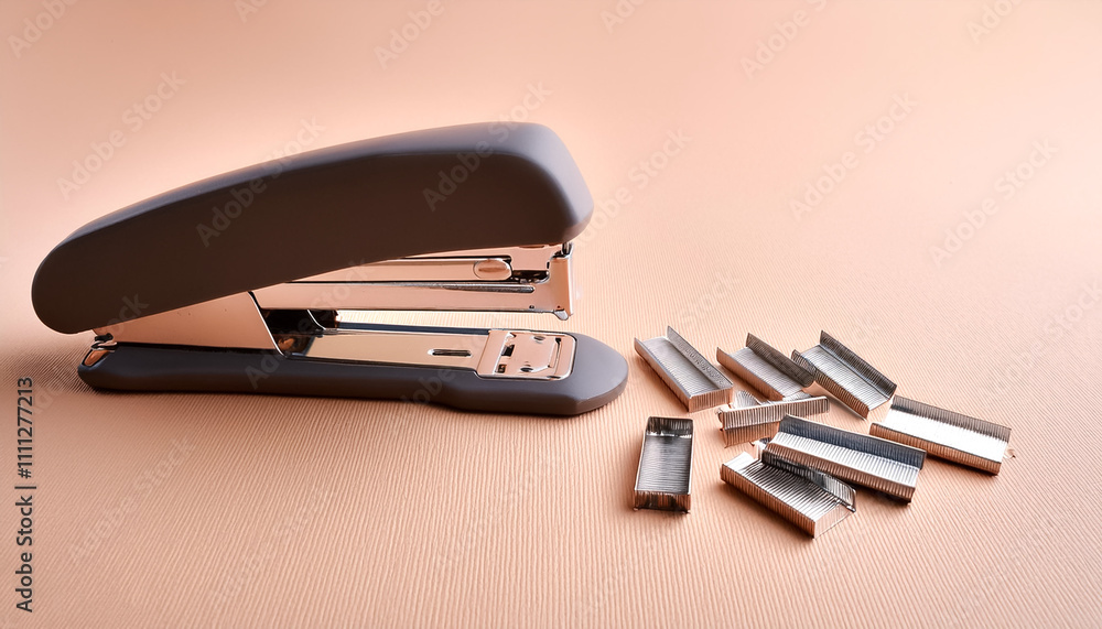 Open stapler with staples scattered neatly on Pastel beige Open stapler with staples scattered neatly on Pastel beige