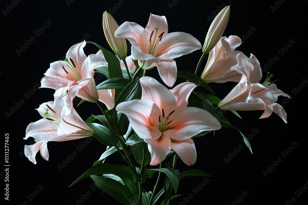 Fototapeta premium Beautiful pink lilies in full bloom against a black background, showcasing delicate petals and lush green leaves. Elegant floral arrangement concept.
