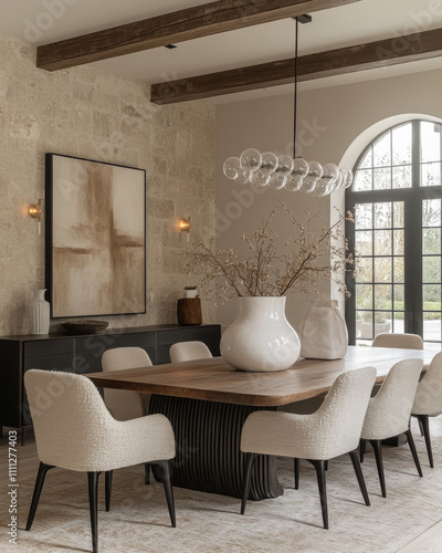 an editorial photograph of a bright grand dining room with a tall ceiling.