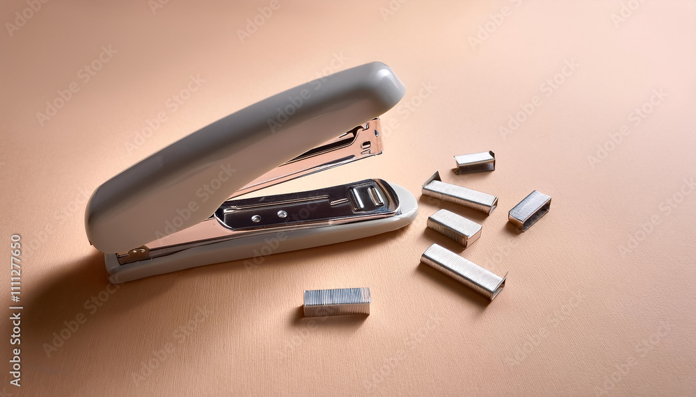 Open stapler with staples scattered neatly on Pastel beige Open stapler with staples scattered neatly on Pastel beige