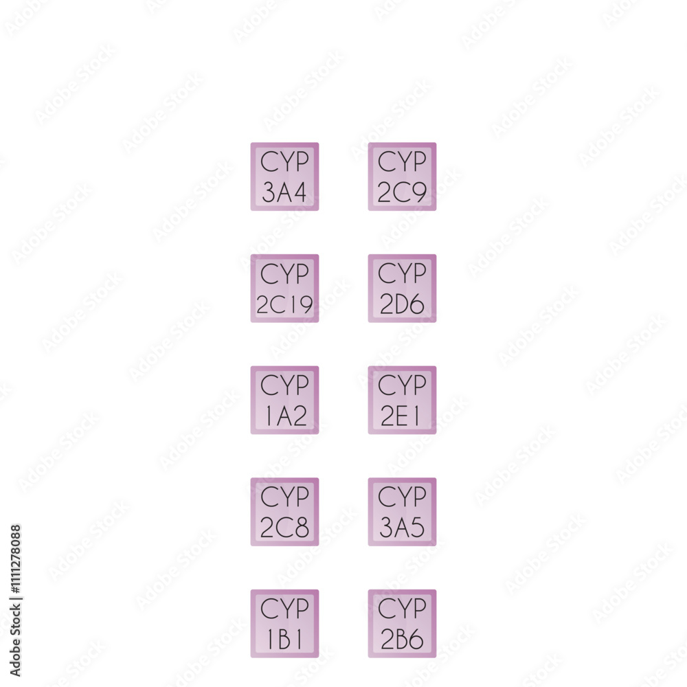 Set of 10 simple icons - Cytochrome P450 enzyme icons - CYP3A4, 2D6, 2C9 and more. Simple design illustration. Set of 10 simple icons - Cytochrome P450 enzyme icons - CYP3A4, 2D6, 2C9 and more. Simple design illustration.