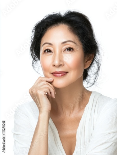 Portrait of gorgeous happy middle aged mature asian woman, senior older 50 year lady looking at camera touching her face isolated on white. Ads of lifting anti wrinkle skin care, spa. Copy space.