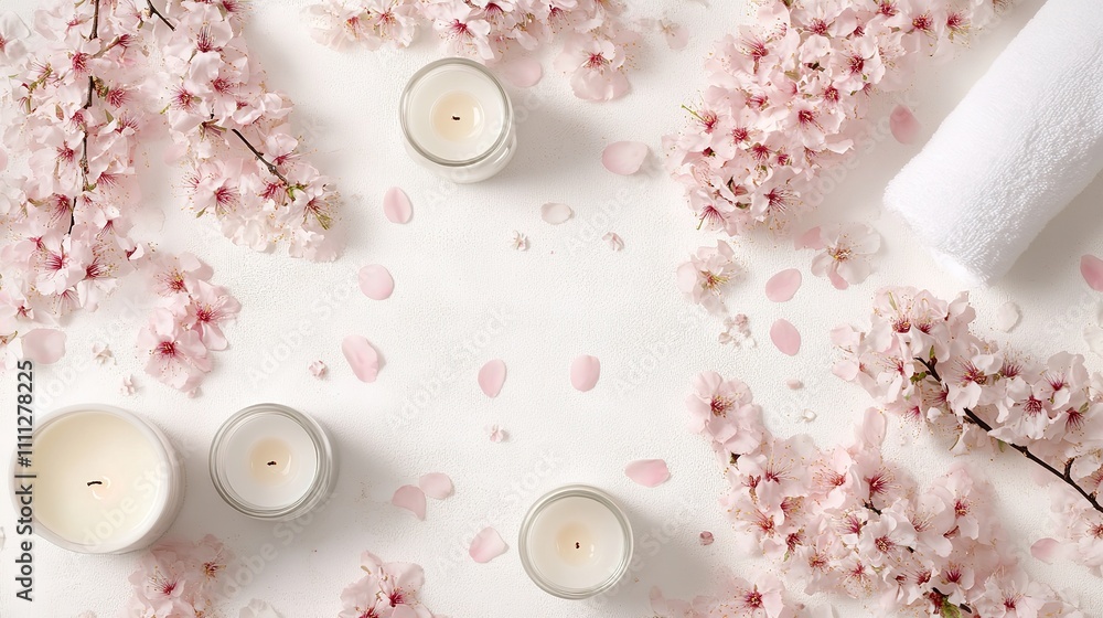 Close-up, cherry blossoms, candles and towels on isolated white background Close-up, cherry blossoms, candles and towels on isolated white background