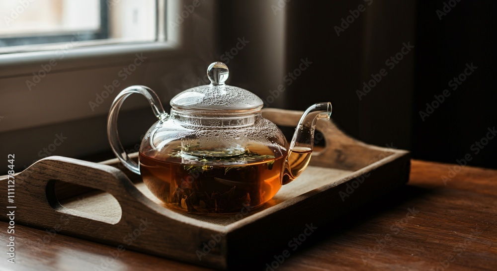 Freshly brewed tea in a transparent glass teapot placed on a wooden tray