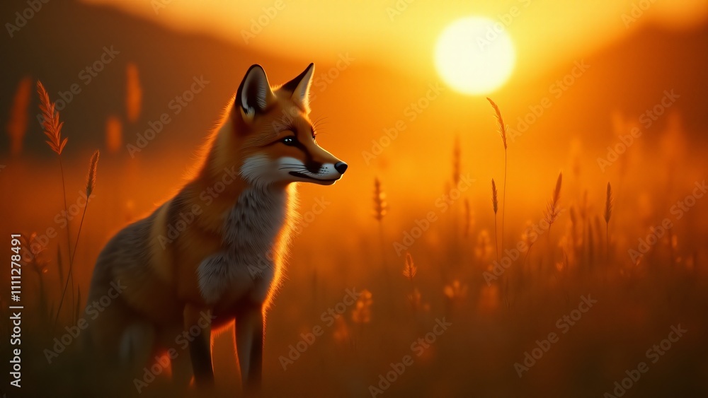 Obraz premium A fox standing in a field at sunset, bathed in warm, golden light.
