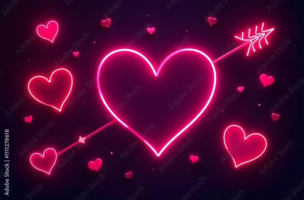 An artistic representation of a neon heart adorned with delicate wings and an arrow elegantly piercing through it, showcasing vivid colors An artistic representation of a neon heart adorned with delicate wings and an arrow elegantly piercing through it, showcasing vivid colors