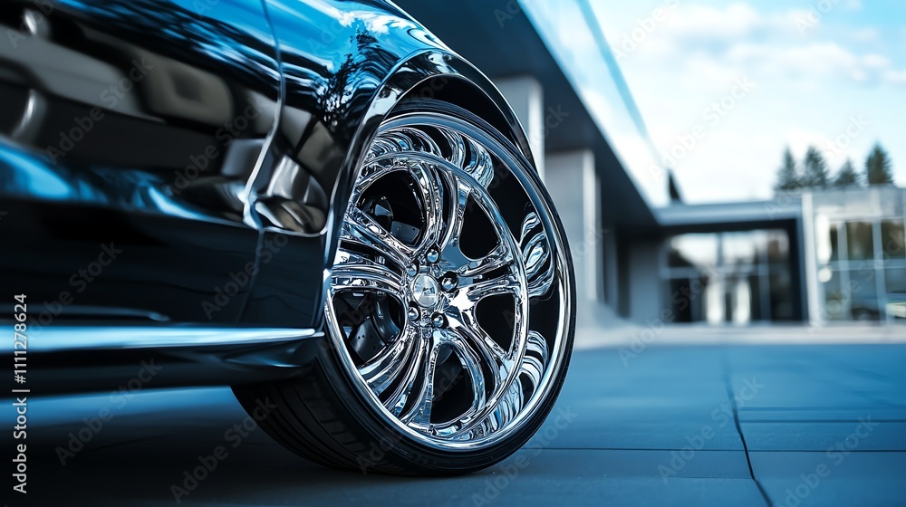 A close up of a shiny chrome wheel on a black car. A close up of a shiny chrome wheel on a black car.