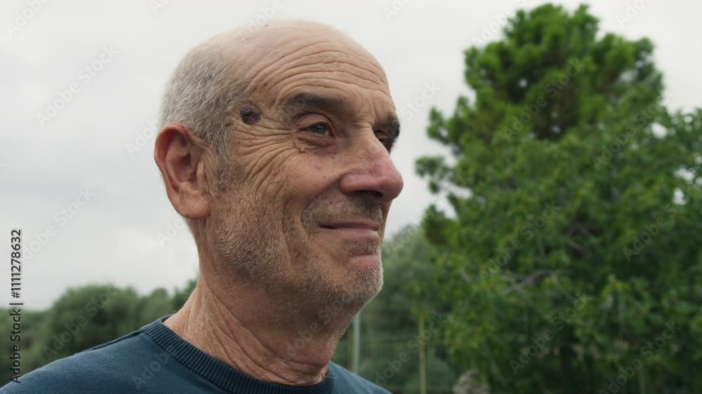 Senior Man Says Yes Smiling After Receiving Compliments Outdoor In Nature Park Senior Man Says Yes Smiling After Receiving Compliments Outdoor In Nature Park