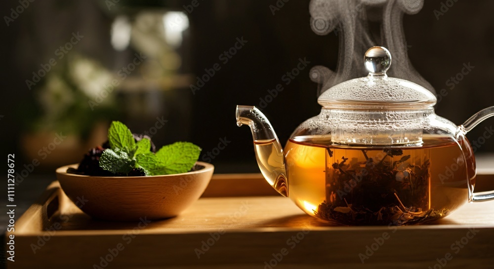 Freshly brewed tea in a transparent glass teapot placed on a wooden tray Freshly brewed tea in a transparent glass teapot placed on a wooden tray