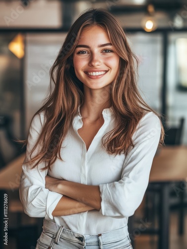 Portrait of young smiling woman looking at camera with crossed arms. Happy girl standing in creative office. Successful businesswoman standing in office with copy space. Free Download Portrait of young smiling woman looking at camera with crossed arms. Happy girl standing in creative office. Successful businesswoman standing in office with copy space. - GFXLoad