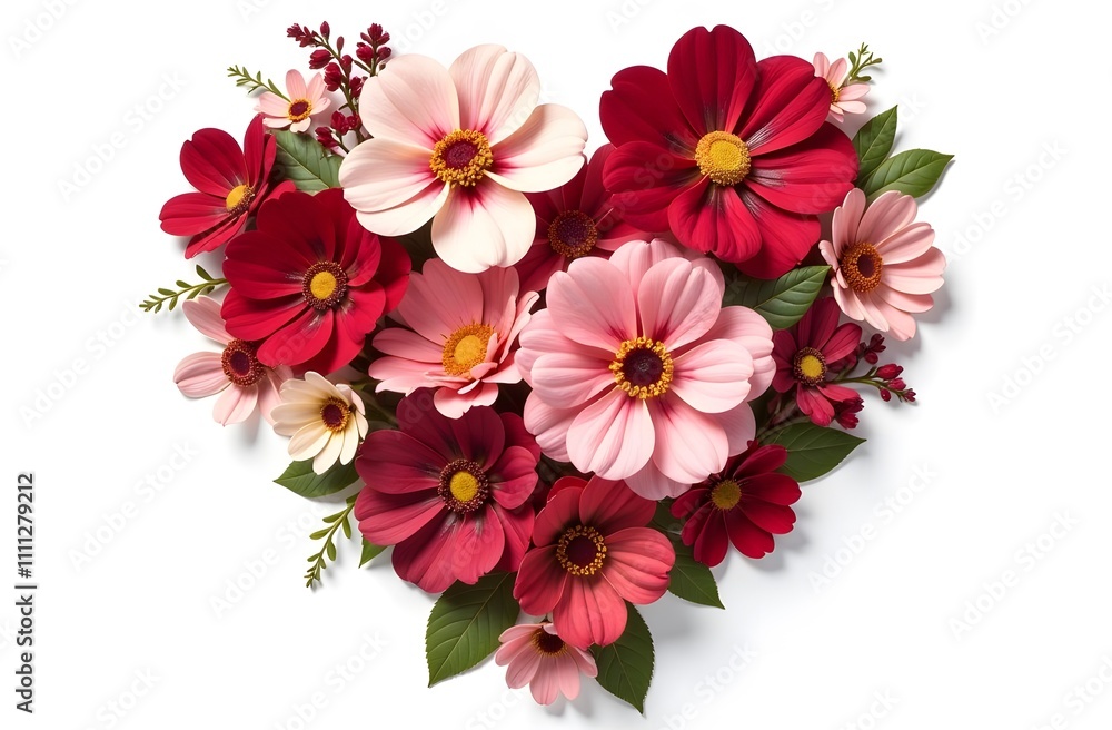 A heart beautifully composed of vibrant red and pink flowers, delicately placed against a clean white background, creating a striking contrast A heart beautifully composed of vibrant red and pink flowers, delicately placed against a clean white background, creating a striking contrast