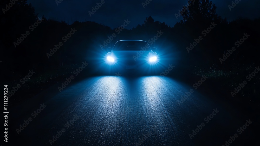 A car with its headlights on driving on a road at night. The car is silhouetted against the bright headlights. A car with its headlights on driving on a road at night. The car is silhouetted against the bright headlights.