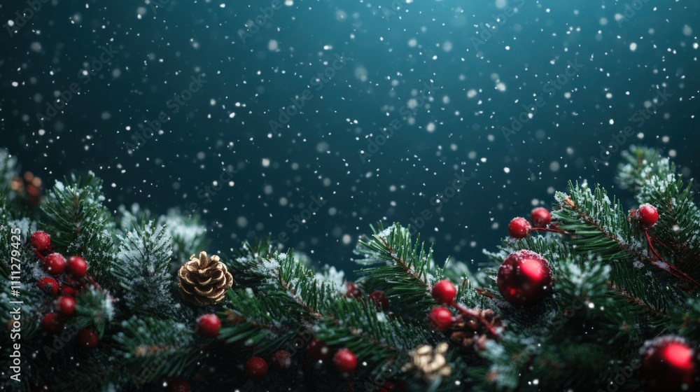 Festive Christmas garland with red berries, pine cones, and snow falling on a teal background. Festive Christmas garland with red berries, pine cones, and snow falling on a teal background.