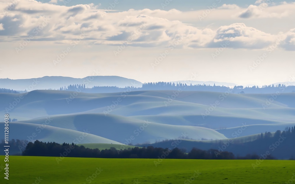 Obraz premium Serene green rolling hills landscape with distant trees and cloudy sky, concept for travel brochure, nature photography and landscape design