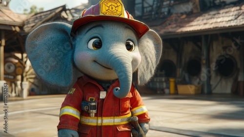 Cute cartoon elephant firefighter. photo