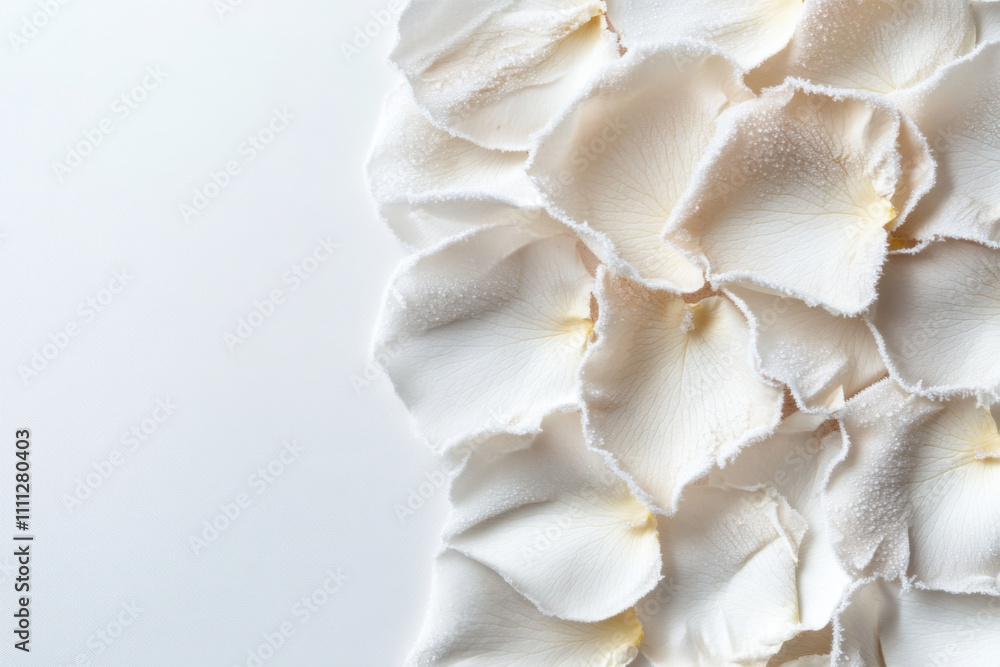 Close up white rose petals with frost on a white background. Close up white rose petals with frost on a white background.