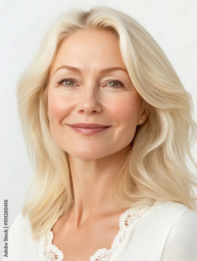 Smiling happy attractive 50s middle aged blonde woman, older lady looking at camera advertising anti age face skin and body care treatment cosmetics isolated on white background. Close up portrait. Smiling happy attractive 50s middle aged blonde woman, older lady looking at camera advertising anti age face skin and body care treatment cosmetics isolated on white background. Close up portrait.
