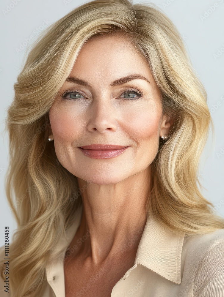 Smiling happy attractive 50s middle aged blonde woman, older lady looking at camera advertising anti age face skin and body care treatment cosmetics isolated on white background. Close up portrait. Smiling happy attractive 50s middle aged blonde woman, older lady looking at camera advertising anti age face skin and body care treatment cosmetics isolated on white background. Close up portrait.