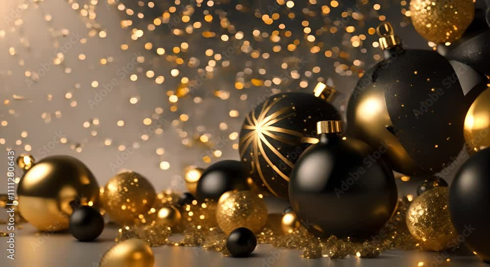 Black Christmas background with gold toys and sparkles 4K Black Christmas background with gold toys and sparkles 4K