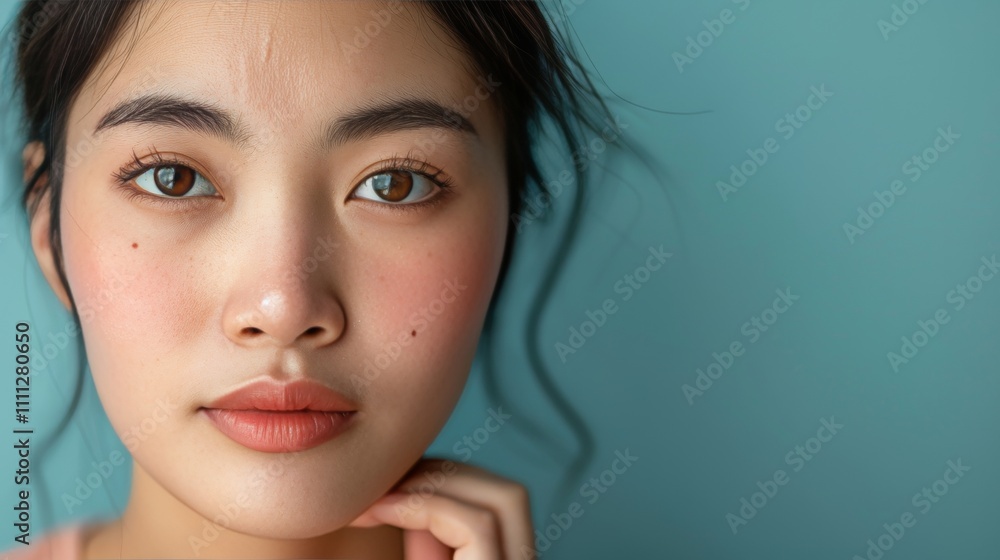 Close up portrait of a young asian woman examining her radiant skin for aesthetic facial care Close up portrait of a young asian woman examining her radiant skin for aesthetic facial care