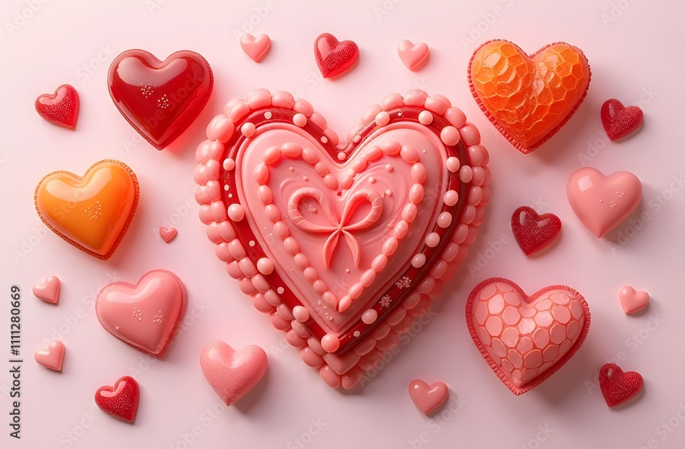 Fototapeta premium A delightful assortment of heartshaped desserts beautifully arranged against a soft pink background, creating a visually appealing treat