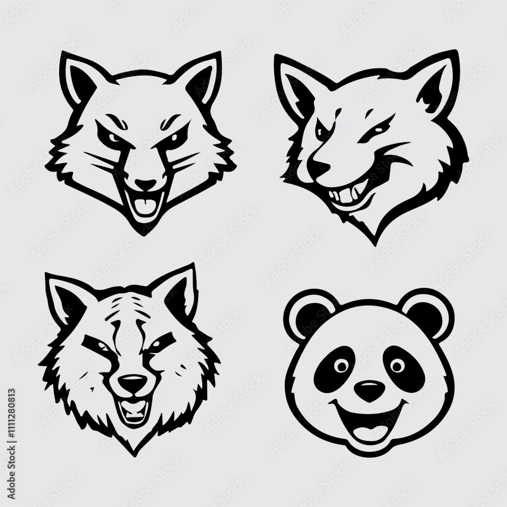 Fototapeta premium four different animal heads, including a wolf, bear and panda
